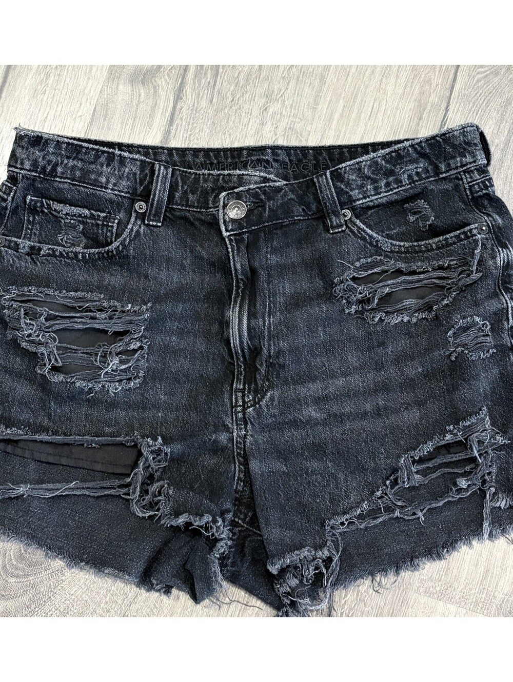American Eagle Distressed Denim Shorts Black Ripped Cut Off Size 12 Frayed